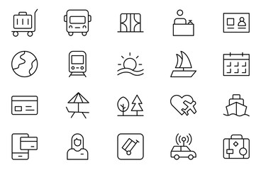 Travel Booking Icon Set. Stylish and user-friendly icons for enhancing travel apps, websites, and services, perfect for streamlining flight searches, hotel bookings, and adventure planning.