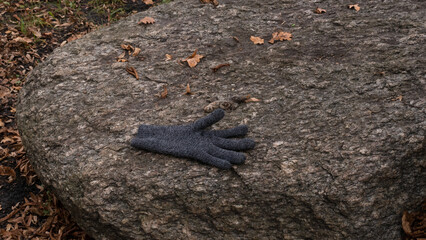 Single gray glove on rough textured rock with fallen autumn leaves outdoors