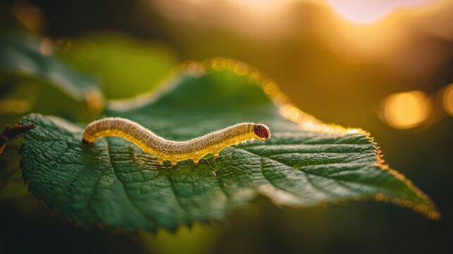 Cinematic macro photography of a translucent silkworm caterpillar crawling on a fresh green mulberry leaf backlit by the warm golden sunset light in a nature orchard
