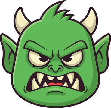 Fierce green monster face with sharp teeth and pointed ears a scary cartoon character with horns