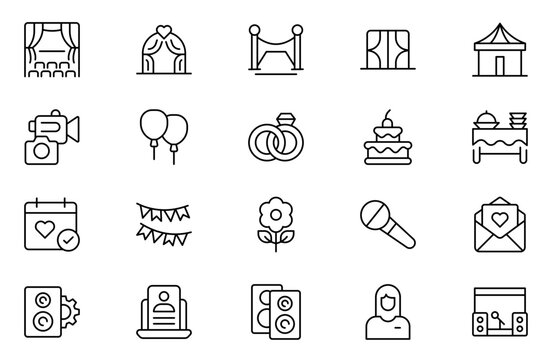 Event Planning outline Icon Set. Stylish and functional icons for organizers, perfect for scheduling, venue management, and event promotion