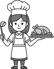 Happy cartoon chef woman holding a roasted chicken on a platter and a ladle ready to serve delicious food