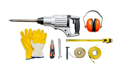 Construction Tools and Safety Gear Laid Out on a Black Background Including a Jackhammer Safety Gloves Measuring Tape and Ear Protection