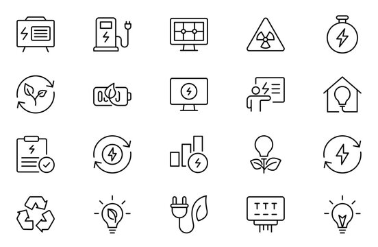 Energy Saving outline icon set, with conservation, reduce waste, consumption, management, efficiency, gas emission and green house. Eco related icons Energy Costs, Power ConsumptionGreen House