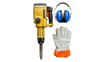 Yellow Jackhammer With Blue Earmuffs and White Safety Gloves Against A Stark Black Background With Detailed Textures And Industrial Equipment