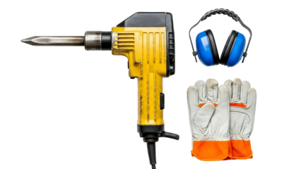 Yellow Power Tool With Blue Ear Protection And White Orange Gloves On A Black Background Detailed Close Up Studio Shot