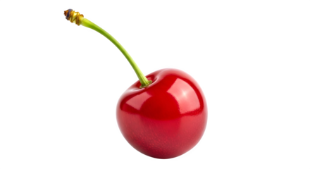 Single ripe red cherry with a long green stem isolated on transparent background