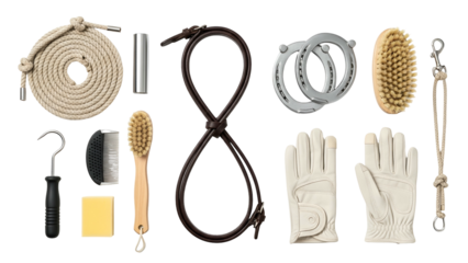 Collection Of Equestrian Equipment Including Rope Bridle Hoof Pick Brushes Gloves And Horseshoes Arranged Against A Black Background With Studio