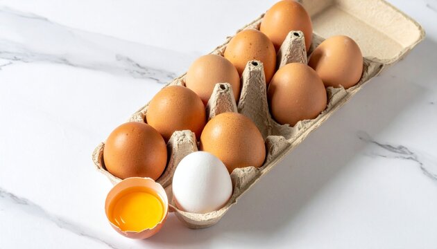 Fresh brown eggs in carton with one broken.