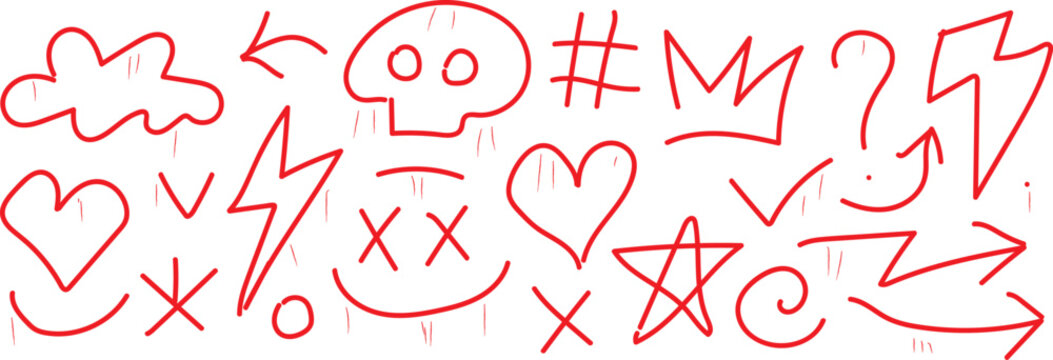 Red doodles on featuring hearts, arrows, and lightning bolts
