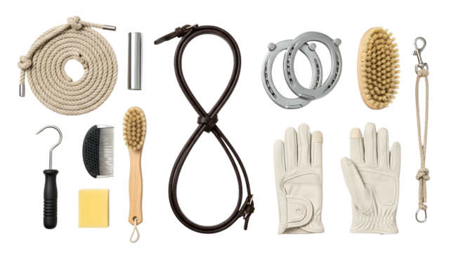 Collection Of Equestrian Equipment Including Rope Bridle Hoof Pick Brushes Gloves And Horseshoes Arranged Against A Black Background With Studio
