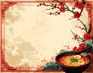 ラーメンと中華風背景素材