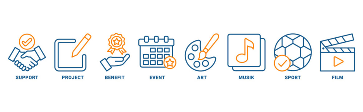 Sponsoricon icon set vector concept with icon of event, art, project, sport, music, support, film and benefit 