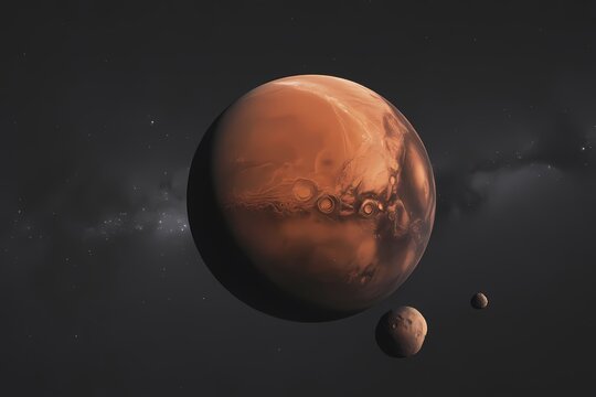 Illustration of a stunning view of the red planet mars with its moons phobos and deimos in deep space