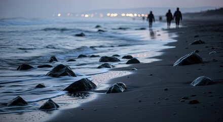Silhouettes of people walking on a sandy, rocky beach at twilight, with gentle waves washing ashore and distant lights creating a beautiful bokeh effect in the background