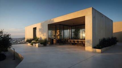 Modern Rooftop Terrace Minimalist Concrete Glass French Style Golden Hour Light Vibrant Views Crisp Details Radiant Lighting Elegant Design Luxurious Ambiance (AI-Generated)