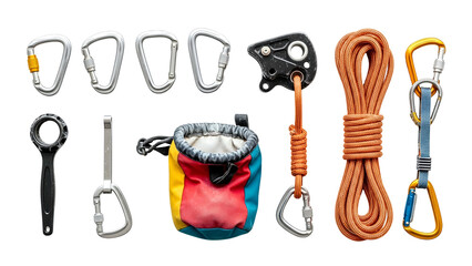 Assortment Of Rock Climbing Gear Including Carabiners Belay Device Chalk Bag Rope And Ascender On A Transparent Background