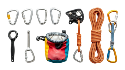 Assortment Of Rock Climbing Gear Including Carabiners Belay Device Chalk Bag Rope And Ascender On A Transparent Background
