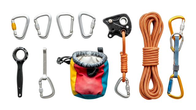 Assortment Of Rock Climbing Gear Including Carabiners Belay Device Chalk Bag Rope And Ascender On A Transparent Background - Powered by Adobe