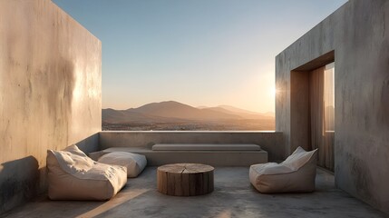 Modern Rooftop Terrace Minimalist Concrete Glass French Style Golden Hour Light Vibrant Views Crisp Details Radiant Lighting Elegant Design Luxurious Ambiance (AI-Generated)