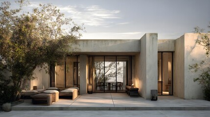 Modern Rooftop Terrace Minimalist Concrete Glass French Style Golden Hour Light Vibrant Views Crisp Details Radiant Lighting Elegant Design Luxurious Ambiance (AI-Generated)