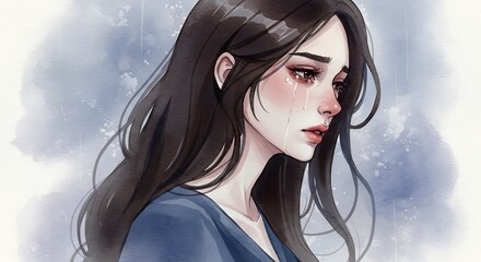 Emotional watercolor illustration of a beautiful young woman with long dark hair crying, her face filled with sadness, sorrow, and despair