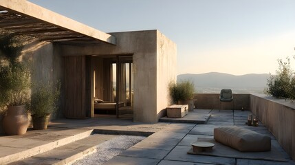 Modern Rooftop Terrace Minimalist Concrete Glass French Style Golden Hour Light Vibrant Views Crisp Details Radiant Lighting Elegant Design Luxurious Ambiance (AI-Generated)