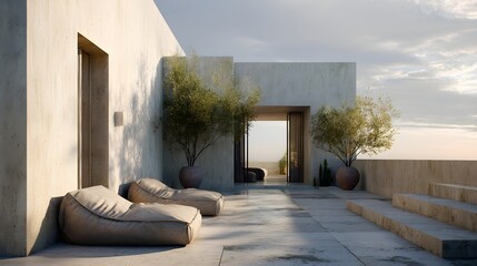 Modern Rooftop Terrace Minimalist Concrete Glass French Style Golden Hour Light Vibrant Views Crisp Details Radiant Lighting Elegant Design Luxurious Ambiance (AI-Generated)