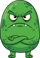 A grumpy green cartoon monster with a round body and arms crossed looking very angry and displeased with a furrowed brow