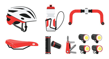 Essential set of modern bicycle accessories for safety and convenience, including a helmet, water bottle, saddle, lights, and a multi-tool.
