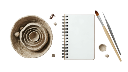 Top View of Artistic Spiral Sculpture Made of Sand Beside a Blank Notebook and Paintbrushes on a Black Background