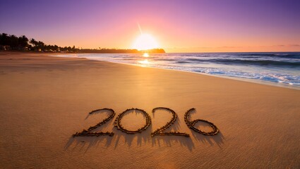 The year 2026 written in the sand on a beach at sunset