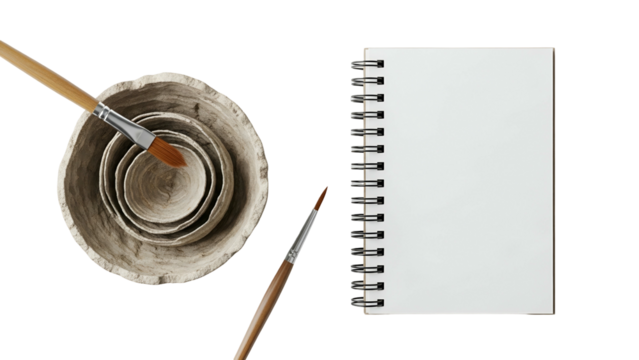 Artistic Still Life with Clay Bowls Paintbrushes and Blank Notebook on Transparent Background High Angle View Demonstrating Creative Process and