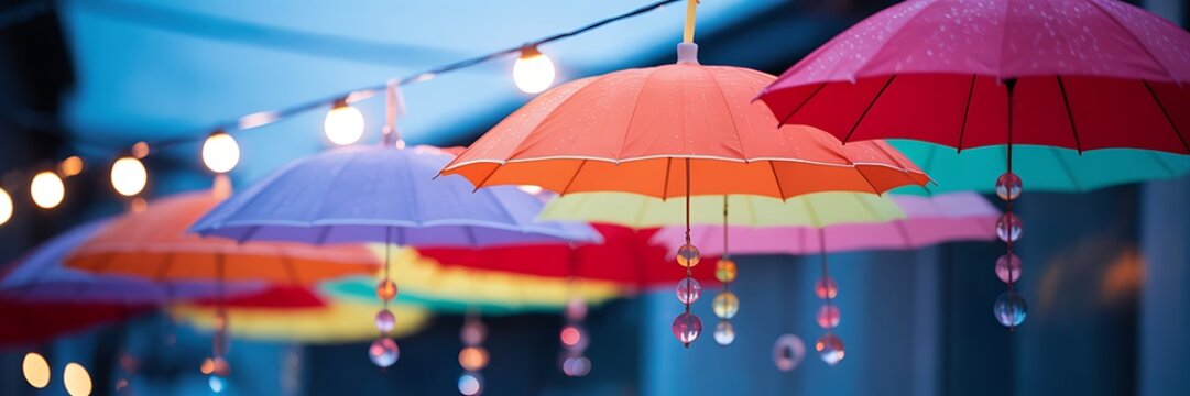Colorful umbrella hanging with light bulb decor