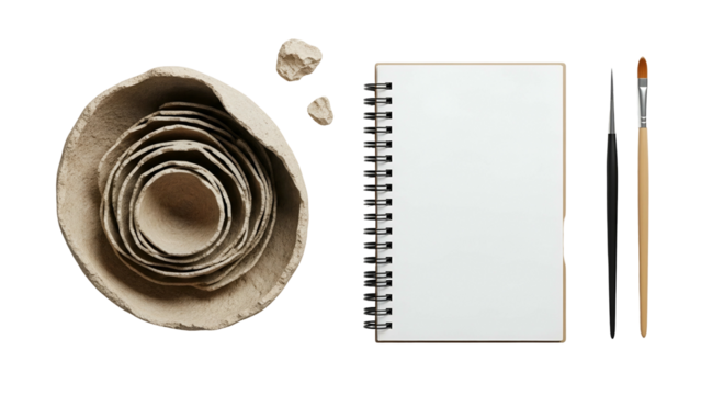 Clay Sculpture Fragments Beside Spiral Ceramic Bowl Open Sketchbook And Artist Paint Brushes Isolated On Black Background Overhead View