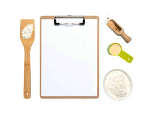 Empty Clipboard with Wooden Spoon Measuring Cup and Flour Bowls Top Down View Isolated on Transparent Background Studio Shot