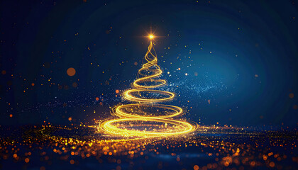 Golden abstract Christmas tree glowing in night sky
