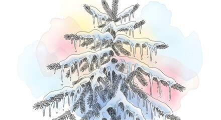 snow-covered spruce with icicles and pastel watercolor background for holiday invitations, christmas banners, winter blogs, and seasonal design assets, with copy space