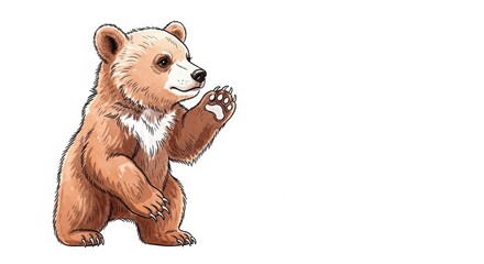 Cute brown bear cub standing up and waving its paw. Friendly animal illustration for kid book, greeting card, or nursery decor.