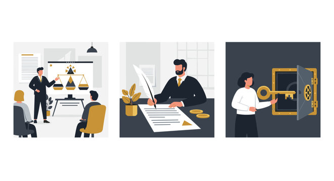 Set of legal and notary service illustrations, depicting a law presentation, signing a will, and accessing a secure safe.