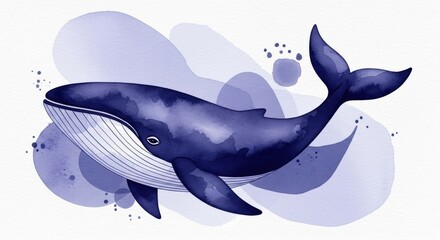 Watercolor illustration of a whale swimming in blue ocean water. Marine animal art for children book, wall decor, or greeting card.