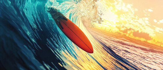 Surfer Riding Wave in Sunset with Vibrant Colors and Action