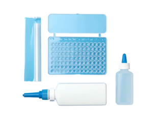 Collection Of Blue And White Science Laboratory Equipment Including Pipette Bottles And A Multi-Well Plate On A Transparent Background