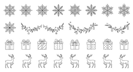 Fototapeta premium Illustration of snowflakes garlands gifts and reindeer in black and white