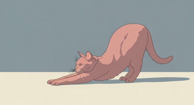 Cute cat stretching on a floor. Illustration of pet animal in an art style for children book or greeting card. Cozy home life. - Powered by Adobe