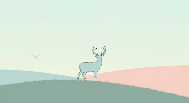 Deer standing on a grassy hill with a bird flying in the background. Minimalist nature scene for wildlife, environment, and outdoor themed designs.