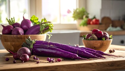 Fresh purple vegetables in kitchen setting.