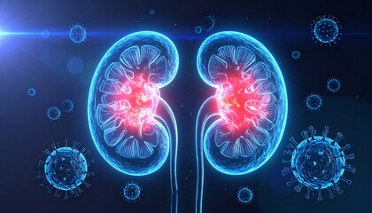 Medical Illustration of a Kidney with Viral Infections and Inflammatory Processes
