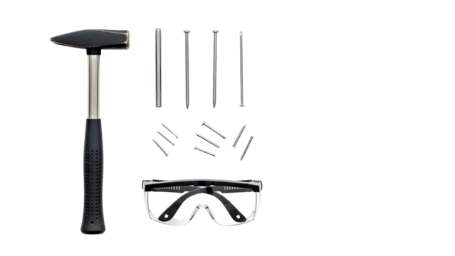 Hammer And Nails With Safety Glasses On Black Background Close Up Top View Of Tools For Construction And DIY Projects