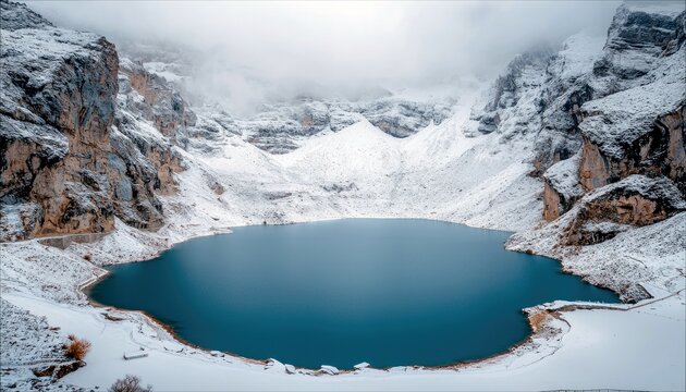 A stunning, deep blue lake is surrounded by majestic, snow-dusted mountains and rocky cliffs, creating a breathtaking winter landscape.